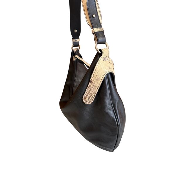 Italian Leather Curved Bottom Hobo Bag Black Python Trim - Picture 7 of 9